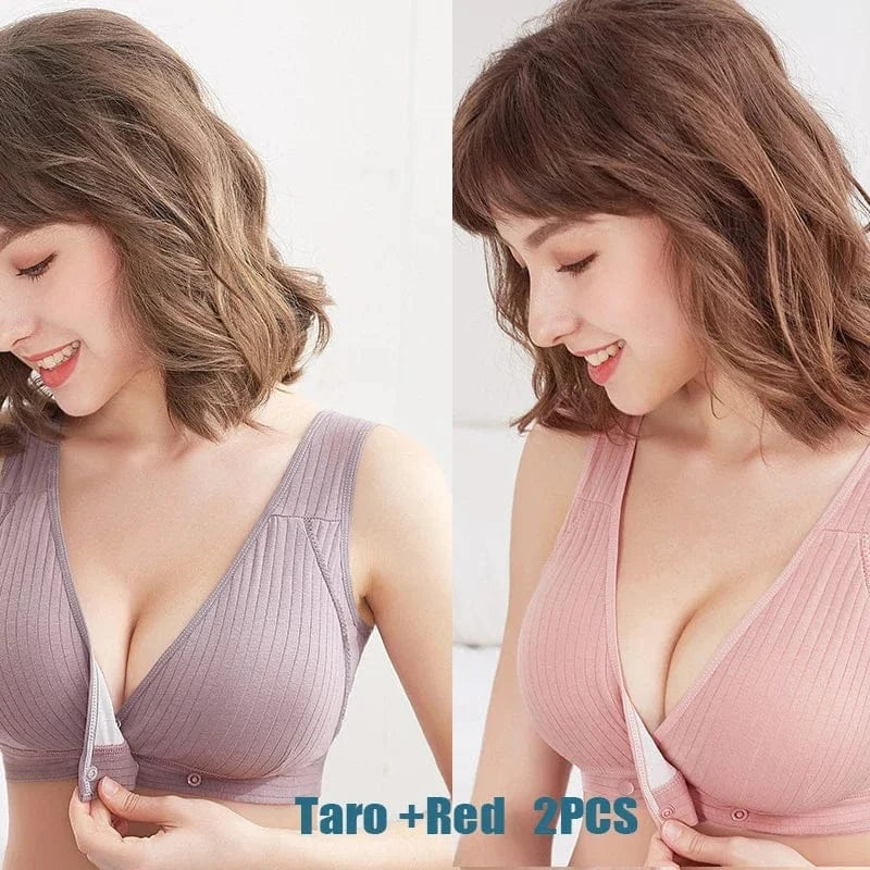 A woman wearing a ribbed front-closure bralette in both taro purple and dusty red, displayed in a side-by-side collage.