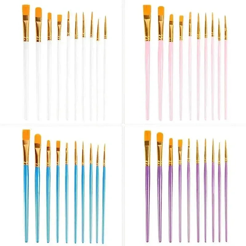 10-Pieces: Artist Paintbrush Nylon Round Pointed Flat Head Set - A-1 Thread Vault