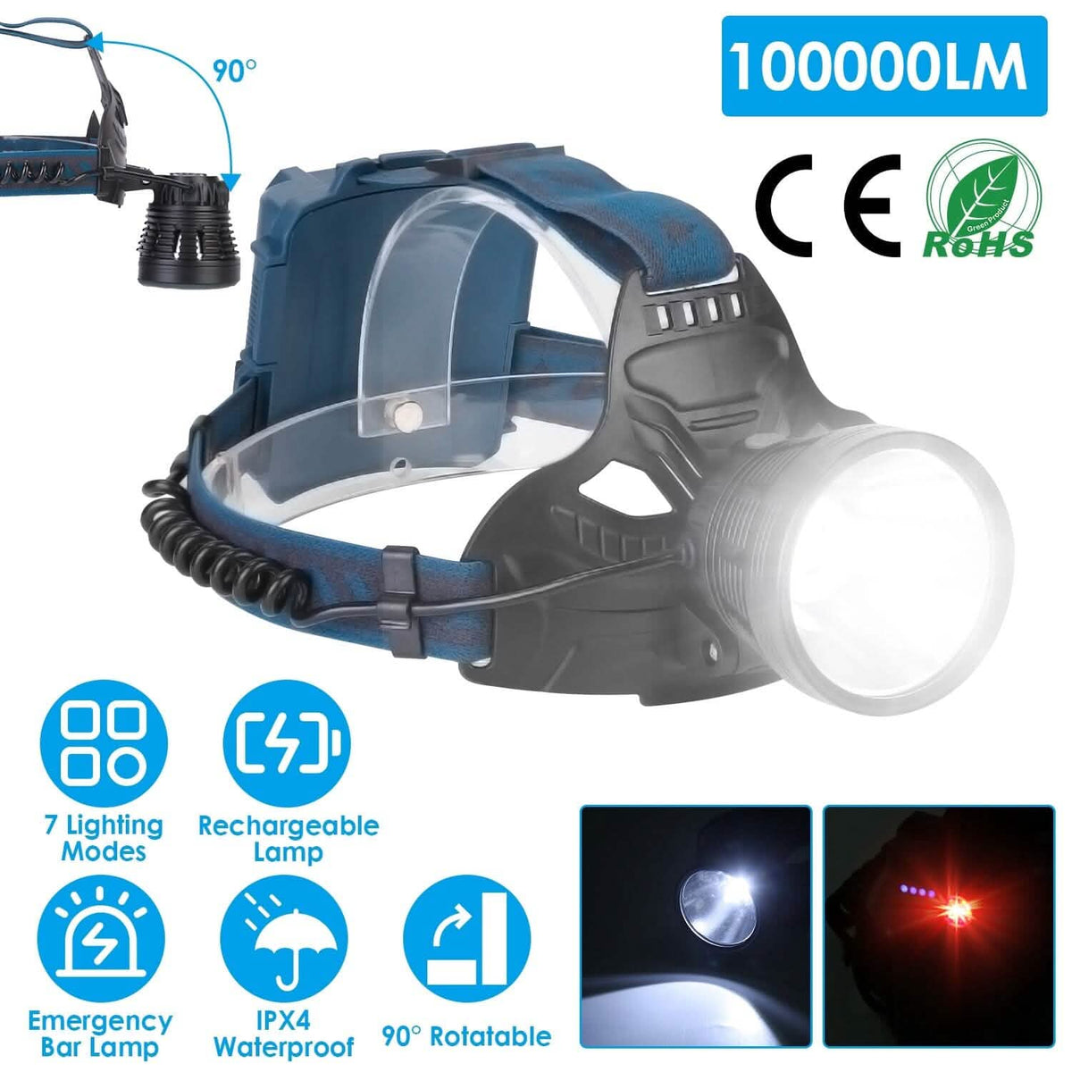 100000LM LED 7 Lighting Modes Rechargeable Headlights - A-1 Thread Vault
