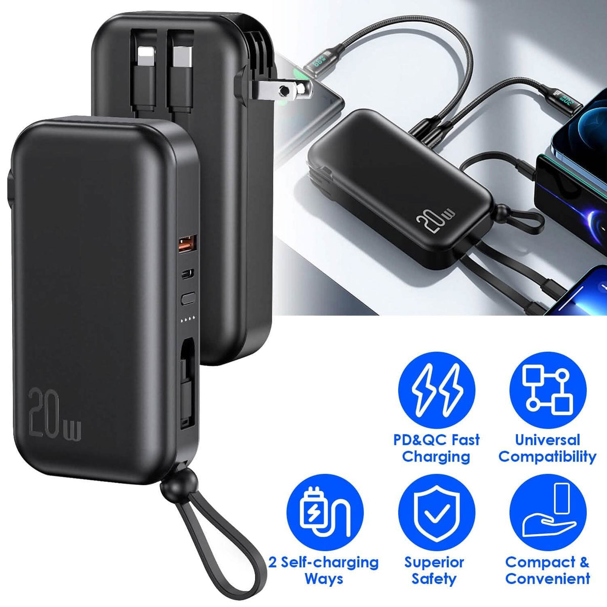 10000mAh Portable Charger with US Plug 3 Inbuilt Cables - A-1 Thread Vault