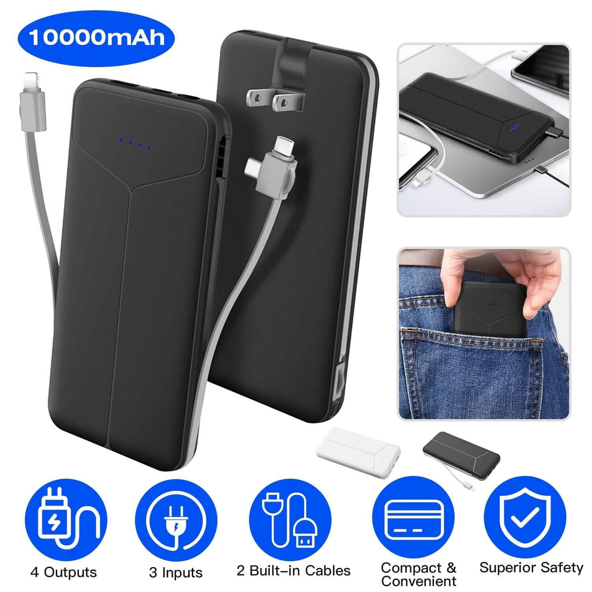10000mAh Power Bank Portable Charger with US Plug 2 Built-in Cables External Battery Pack - A-1 Thread Vault
