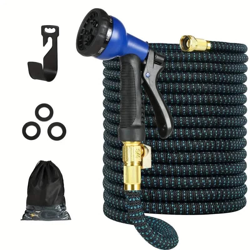 100ft Lightweight & No-Kink Flexible Garden Hose - 8 Function Nozzle, 3/4 Inch Solid Brass Fittings - A-1 Thread Vault