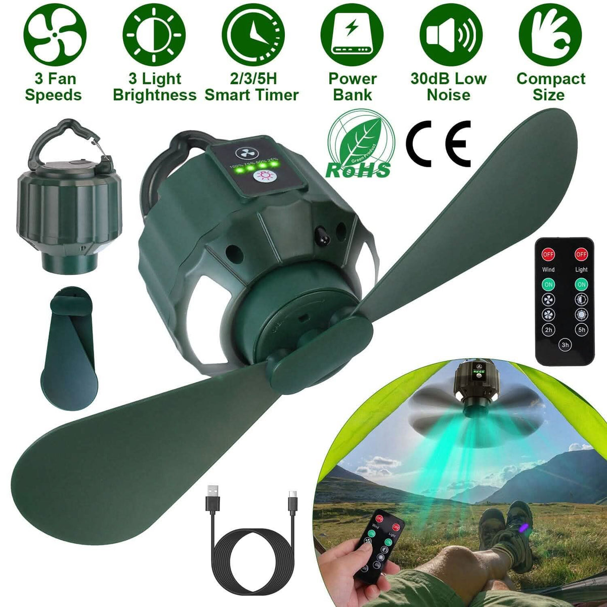 10400mAh USB Battery Powered Hanging Tent Lantern Fan Power Bank - A-1 Thread Vault