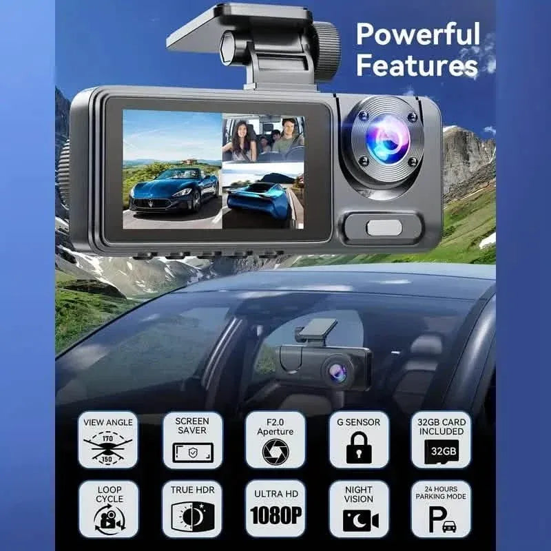 1080P Triple Dash Cam Front, Inside and Rear with 32GB Card, Night Vision, HDR & More - A-1 Thread Vault