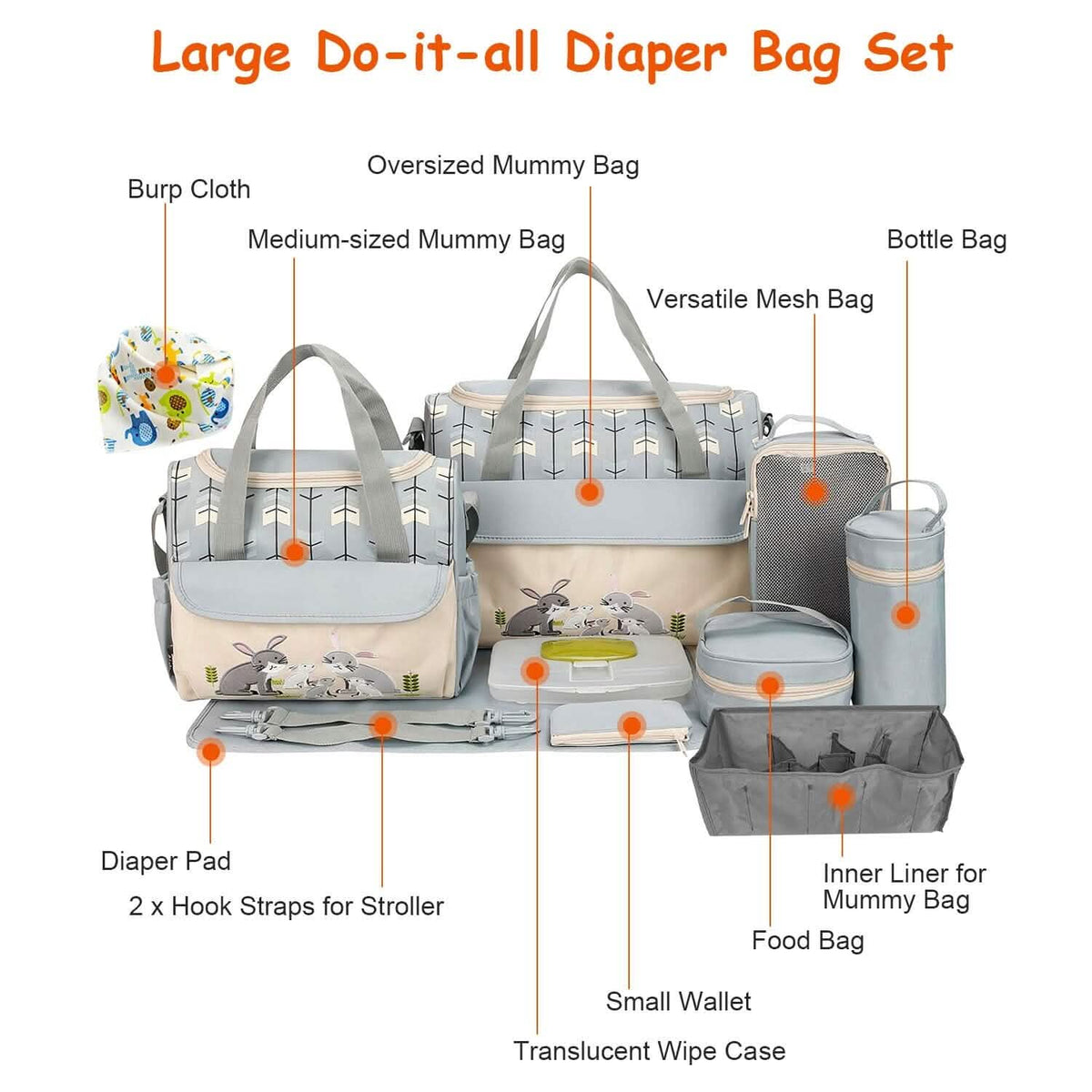 11-Piece Set: Multifunctional Diaper Handbags with Food Bag - A-1 Thread Vault