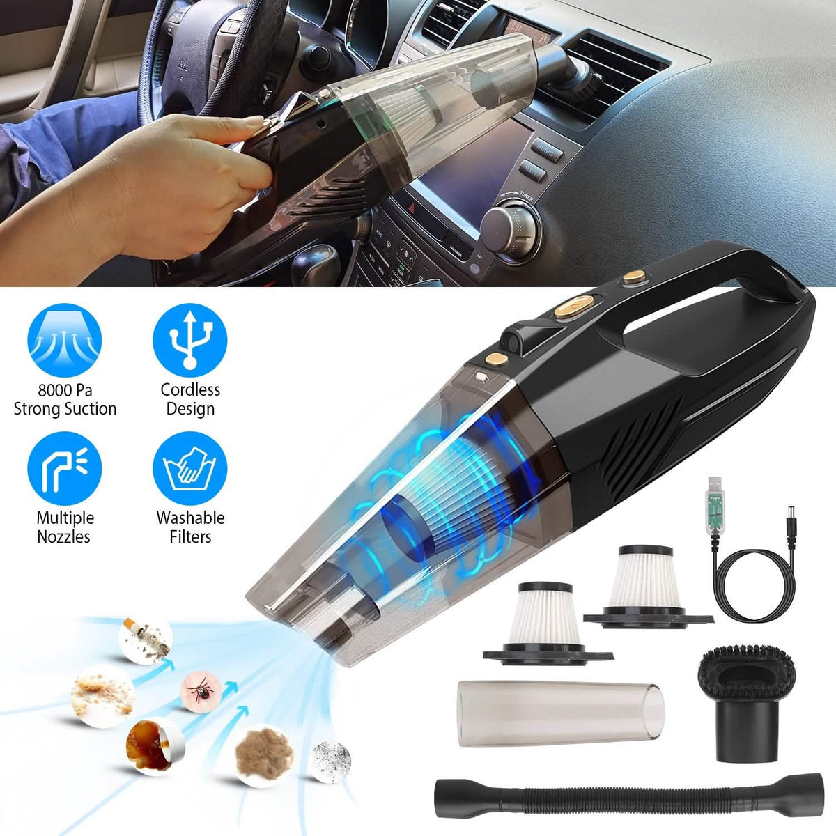 120W 8000PA Handheld Cordless Car Vacuum Cleaner with Accessory kit - A-1 Thread Vault