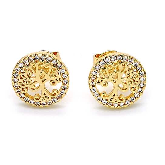 14k Gold Filled High Polish Finish Crystal Tree of Life Stud Earrings - A-1 Thread Vault