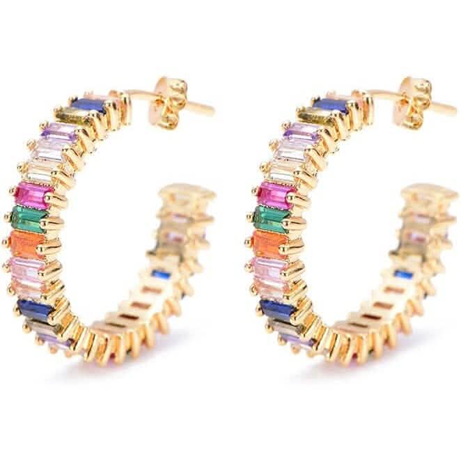 14K Gold Plated Cubic Zirconia Multicolor Rainbow Round Hoop Stud Earrings - A-1 Thread Vault