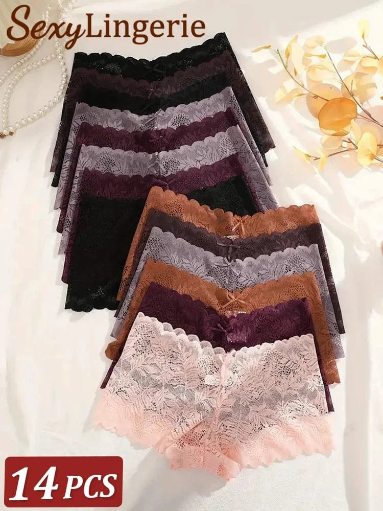 14Pcs/Set Women Lace Boyshorts Sexy Underpants Low Rise Panties Ladies Fashion Floral Lace Underwear S-XL Girls Panty Intimates - A-1 Thread Vault