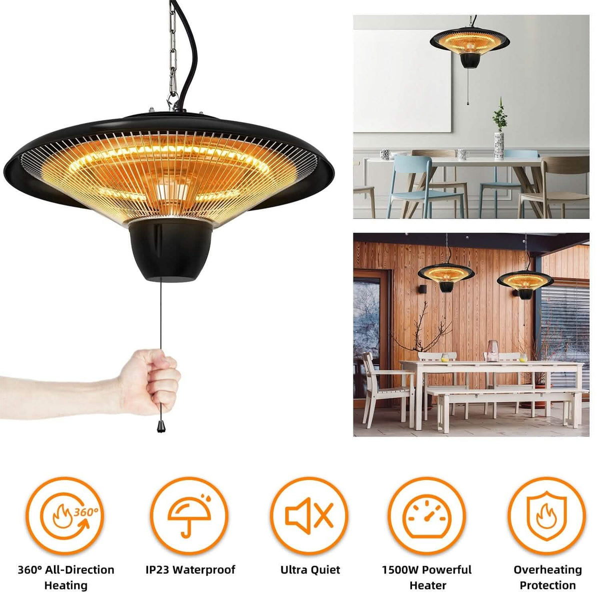 1500W Outdoor Hanging Patio Ultra-Quiet Electric Heating Lamp - A-1 Thread Vault