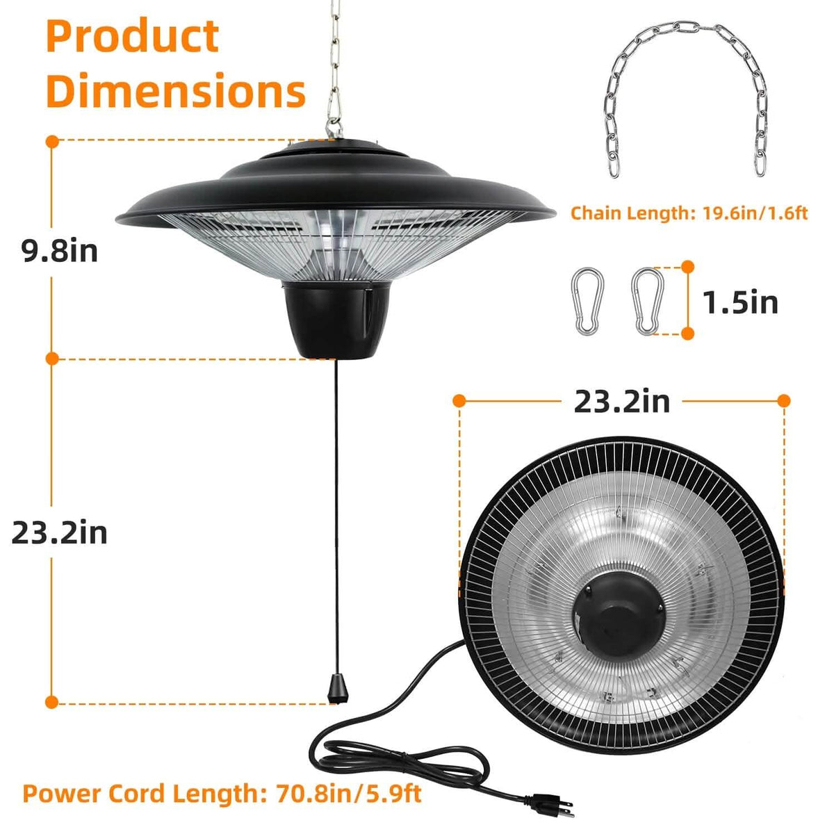 1500W Outdoor Hanging Patio Ultra-Quiet Electric Heating Lamp - A-1 Thread Vault