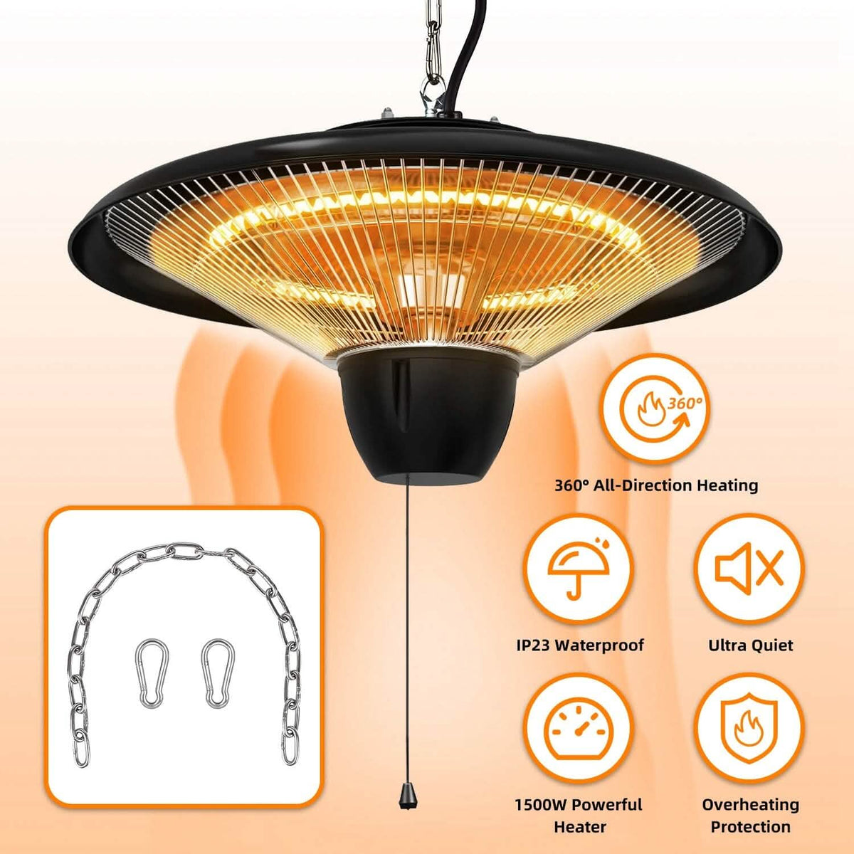 1500W Outdoor Hanging Patio Ultra-Quiet Electric Heating Lamp - A-1 Thread Vault