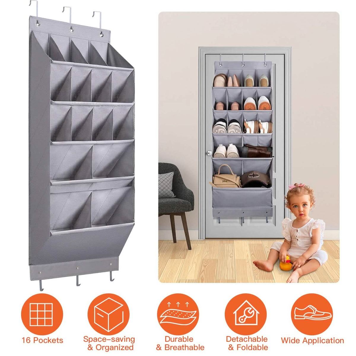 16 Pockets Over The Door Shoe Organizer 5 Tier with 6 Hooks - A-1 Thread Vault