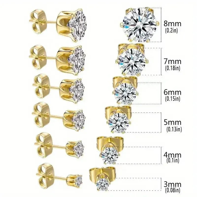 18K Gold Ear Bone Buckle Stainless Steel 6-Prong Zirconia Stud Earrings - A-1 Thread Vault