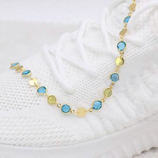 18k Gold Filled High Polish Finish Aquamarine Crystal Ankle Bracelet - A-1 Thread Vault
