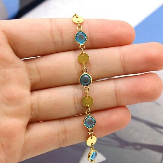 18k Gold Filled High Polish Finish Aquamarine Crystal Ankle Bracelet - A-1 Thread Vault