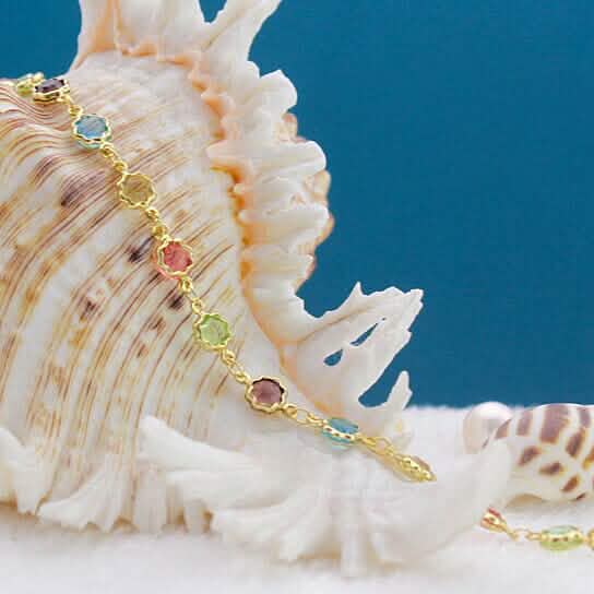 18k Gold Filled High Polish Finish Multi Color Flower Crystal Ankle Bracelet - A-1 Thread Vault