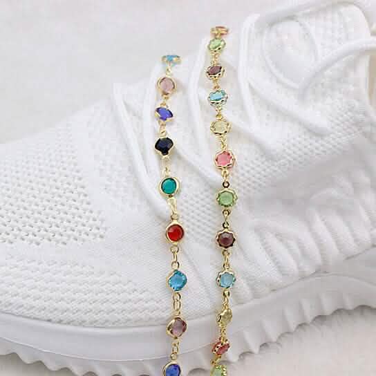 18k Gold Filled High Polish Finish Multi Color Flower Crystal Ankle Bracelet - A-1 Thread Vault