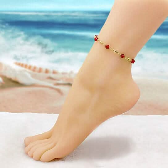 18k Gold Filled High Polish Finish Red Crystal Ankle Bracelet - A-1 Thread Vault