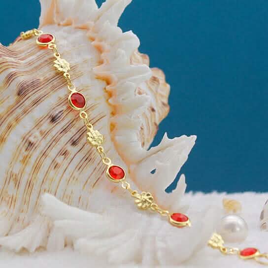 18k Gold Filled High Polish Finish Red Crystal Flower Ankle Bracelet - A-1 Thread Vault