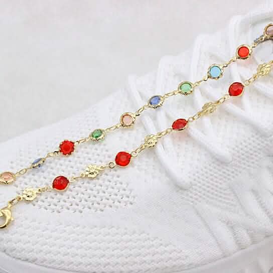 18k Gold Filled High Polish Finish Red Crystal Flower Ankle Bracelet - A-1 Thread Vault
