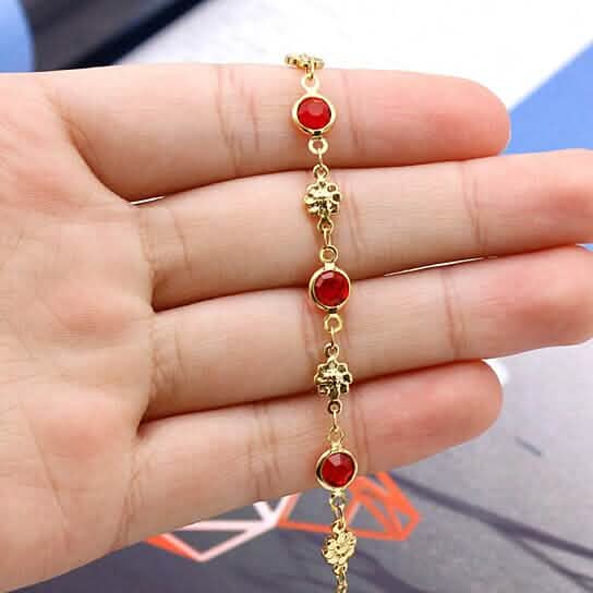 18k Gold Filled High Polish Finish Red Crystal Flower Ankle Bracelet - A-1 Thread Vault