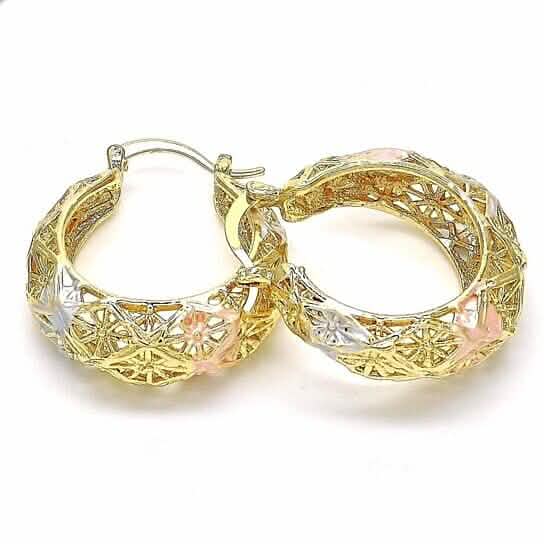 18k Gold Filled High Polish Finish Diamond Cut Fancy Filigree Hoop Earrings Textured Tri-gold Hoop Earrings 40mm - A-1 Thread Vault