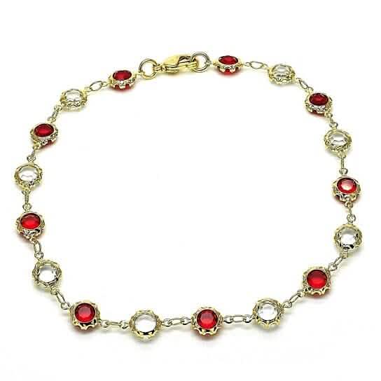 18k Gold Filled High Polish Finsh Gold Crystal Red And White Round Anklet 10'' - A-1 Thread Vault
