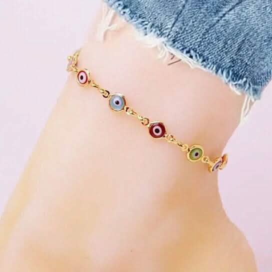 18k Gold Plated Evil Eye Anklet Multi Color Crystal - A-1 Thread Vault