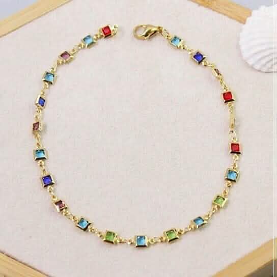 18K Gold Plated Light Multi Color Crystal Square Ankle Bracelet - A-1 Thread Vault