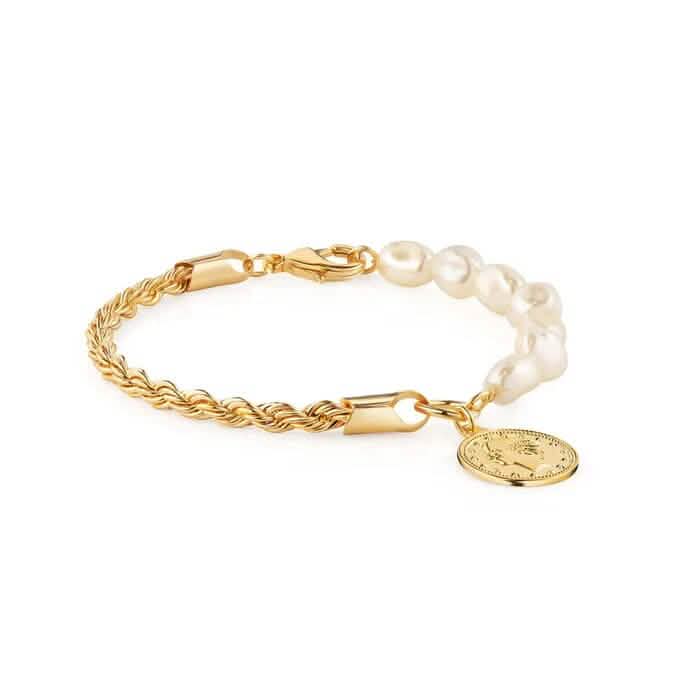 18K Gold Rope and Pearl Bracelet with Coin Charm 8" - A-1 Thread Vault
