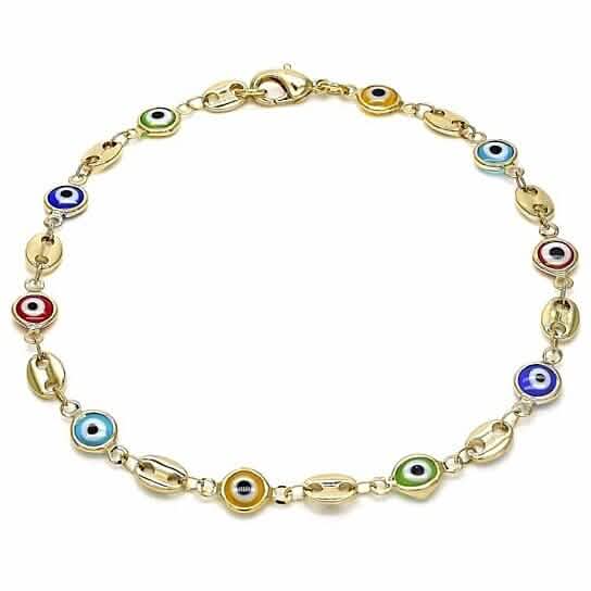 18k Women's Gold Filled High Polish Finish Mariner Marina- Multi-color Evil Eye Lobster Clasp Ankle Bracelet 10'' Inch - A-1 Thread Vault