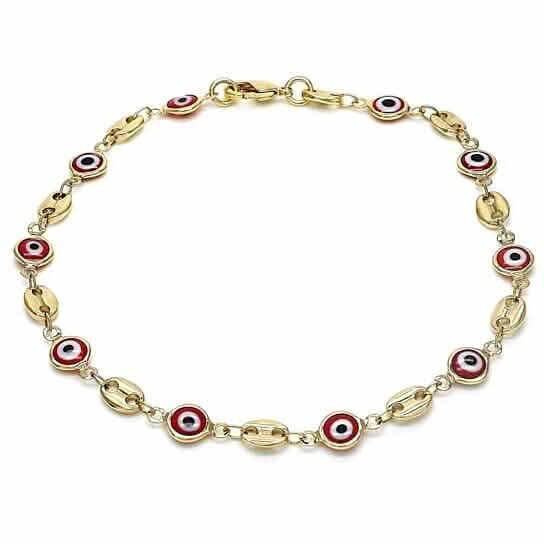 18k Women's Gold Filled High Polish Finish Mariner Marina- Red Evil Eye Lobster Clasp Ankle Bracelet 10'' Inch - A-1 Thread Vault