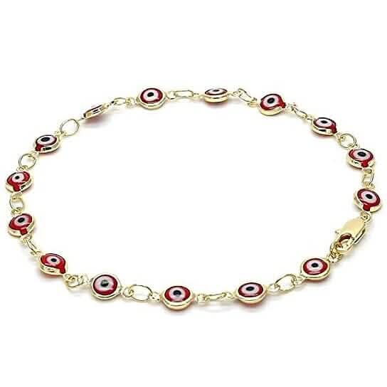 18k Women's Gold Filled High Polish Finsh Red Evil Eye Clasp Bracelet 7.5 Inch - A-1 Thread Vault