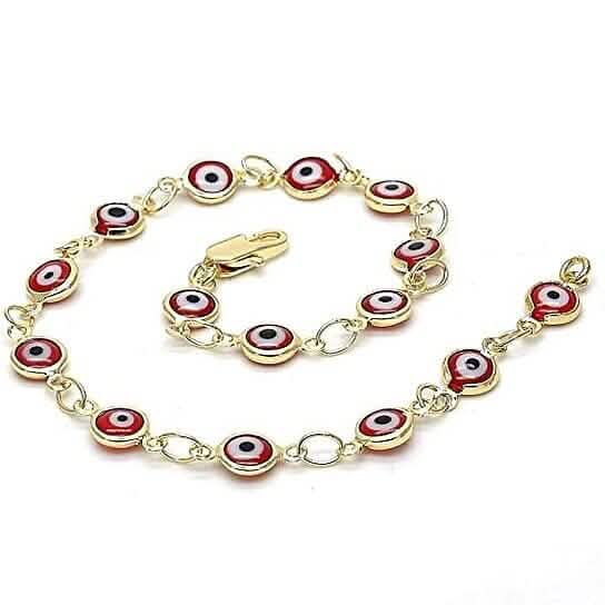 18k Women's Gold Filled High Polish Finsh Red Evil Eye Clasp Bracelet 7.5 Inch - A-1 Thread Vault