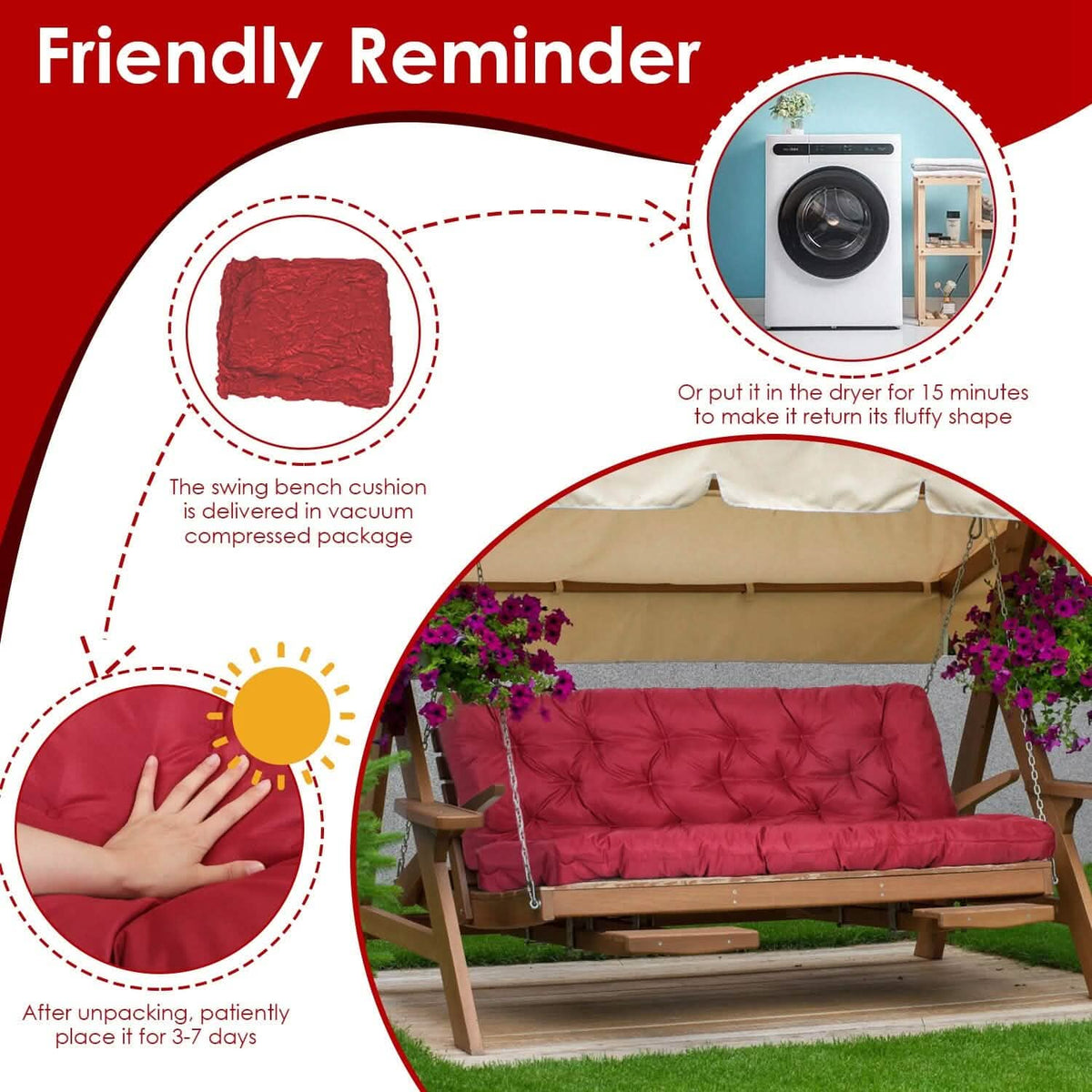 2-3 Seater Swing Cushion Replacement Swing Beach Pads with Backrest 8-Tie Straps - A-1 Thread Vault