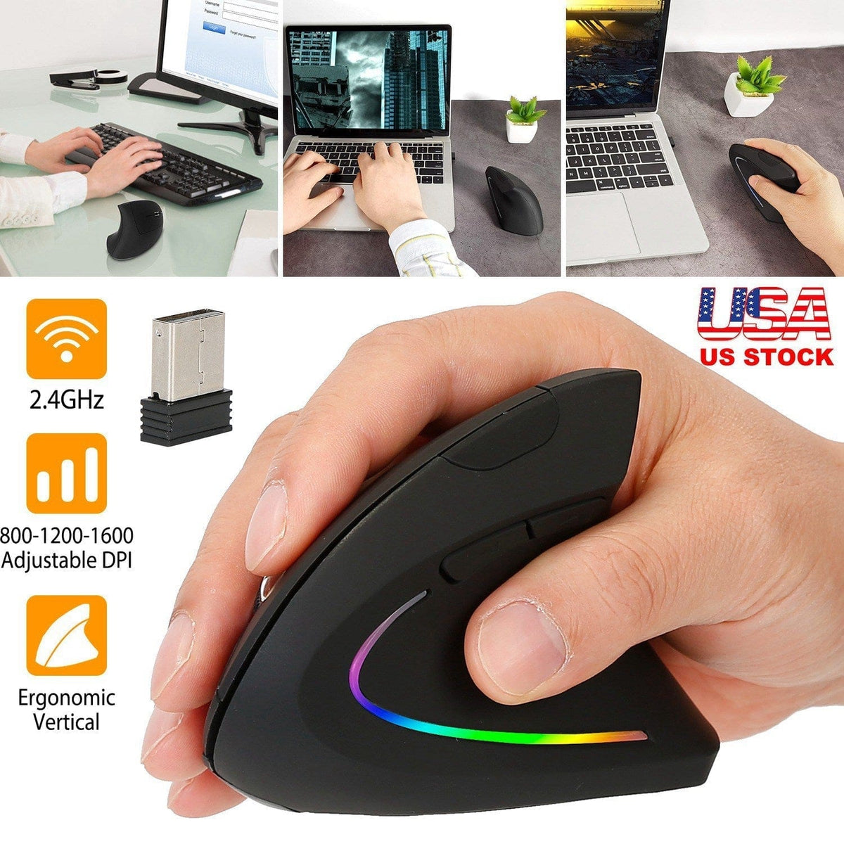2.4G Wireless Vertical Mouse Ergonomic Optical Mice w/ 6 Buttons 3 Adjustable DPI 800/1200/1600 Levels for Laptop PC Computer