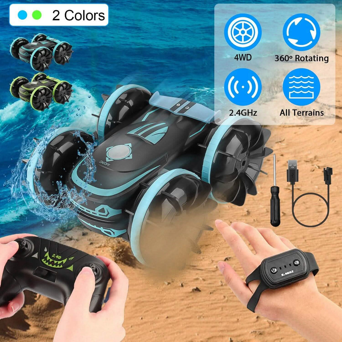 2-in-1 Amphibious RC Car Toy 4GHz 4WD Double-sided 360° Rotating Stunt Car - A-1 Thread Vault