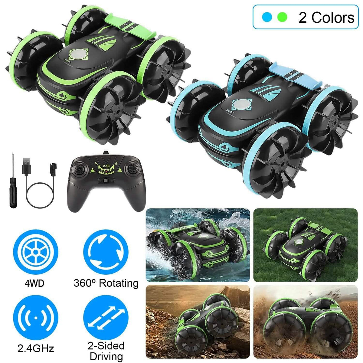 2-in-1 Amphibious RC Car Toy 4GHz 4WD Double-sided 360° Rotating Stunt Car - A-1 Thread Vault