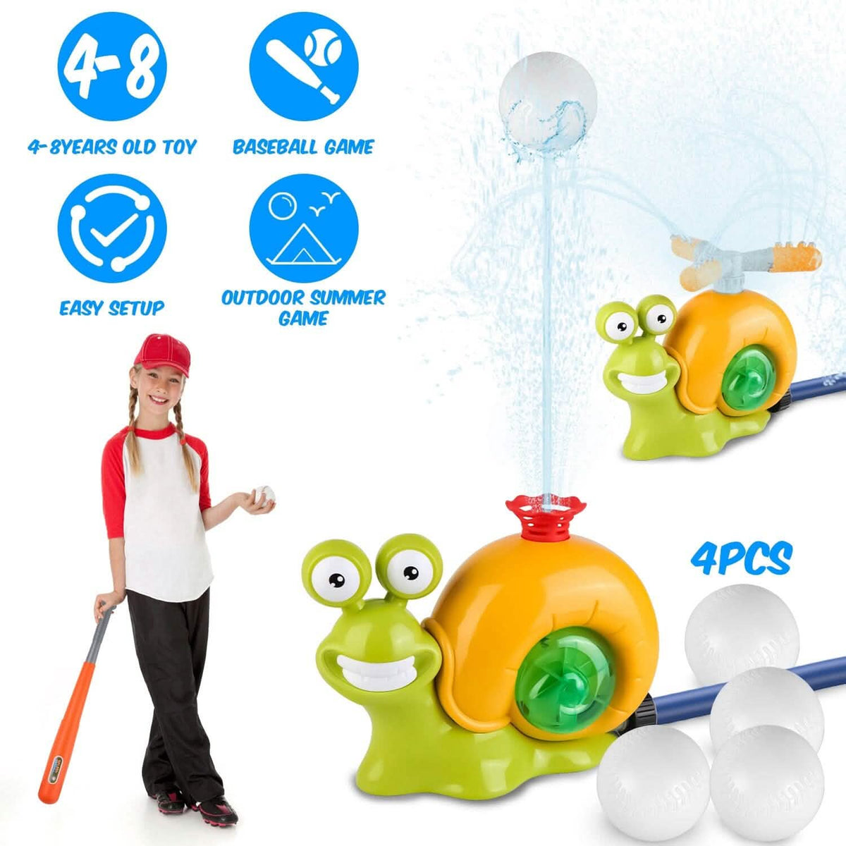 2-in-1 Snail Water Sprinkler Baseball Toy with 2 Sprinkler Nozzles - A-1 Thread Vault