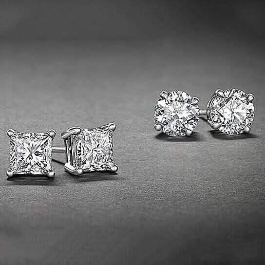2-Pairs: White Gold High Polish Finish Stud Earrings Cubic Zirconia Round and Princess Cut - A-1 Thread Vault