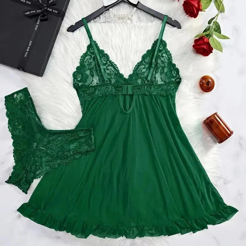 2 Pcs Set Lace Nightgown Women Exquisite Homewear New Green Nighttime Pajamas Transparent Split Nightdress V-Neck Bra Panty Sets - A-1 Thread Vault