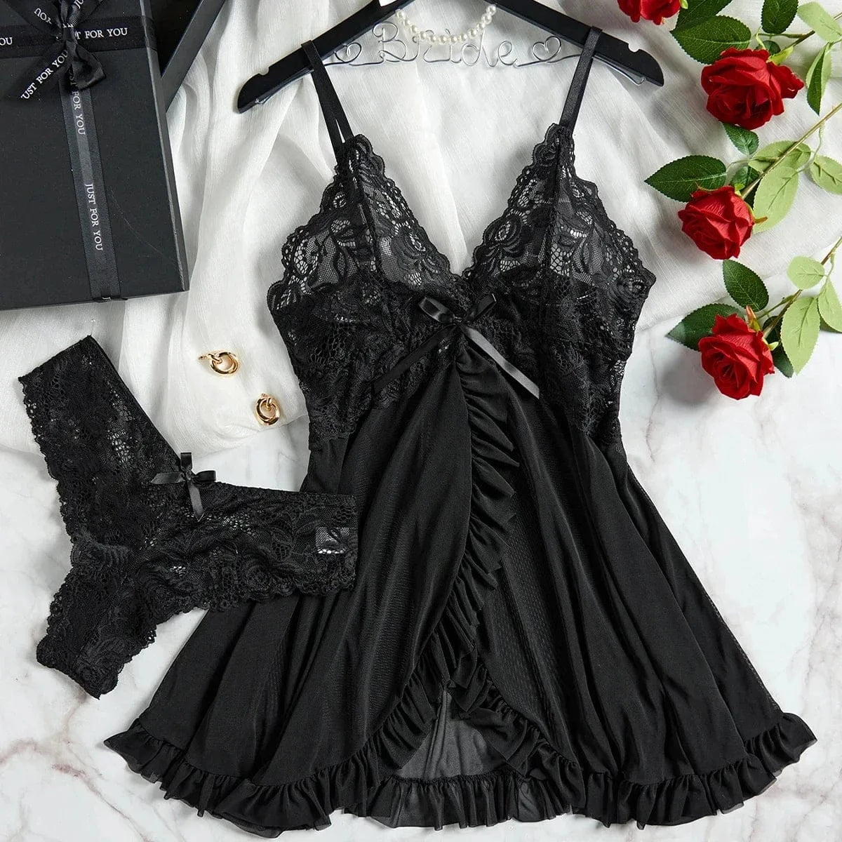 2 Pcs Set Lace Nightgown Women Exquisite Homewear New Green Nighttime Pajamas Transparent Split Nightdress V-Neck Bra Panty Sets - A-1 Thread Vault