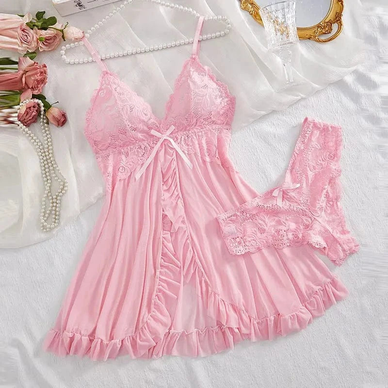 2 Pcs Set Lace Nightgown Women Exquisite Homewear New Green Nighttime Pajamas Transparent Split Nightdress V-Neck Bra Panty Sets - A-1 Thread Vault
