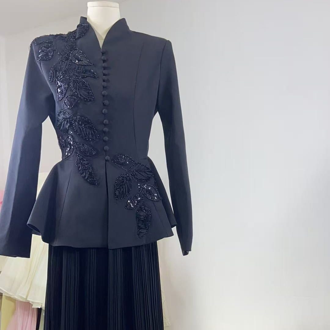 2-Piece Embroidered Peplum Jacket & Micro Pleat Maxi Skirt Set(MS417) - A-1 Thread Vault