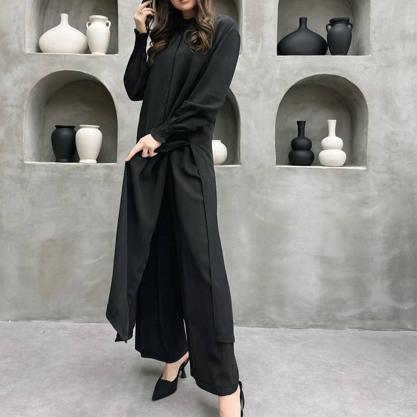 2-Piece Mandarin Collar Longline Shirt & Wide Leg Pants Set(MS418) - A-1 Thread Vault