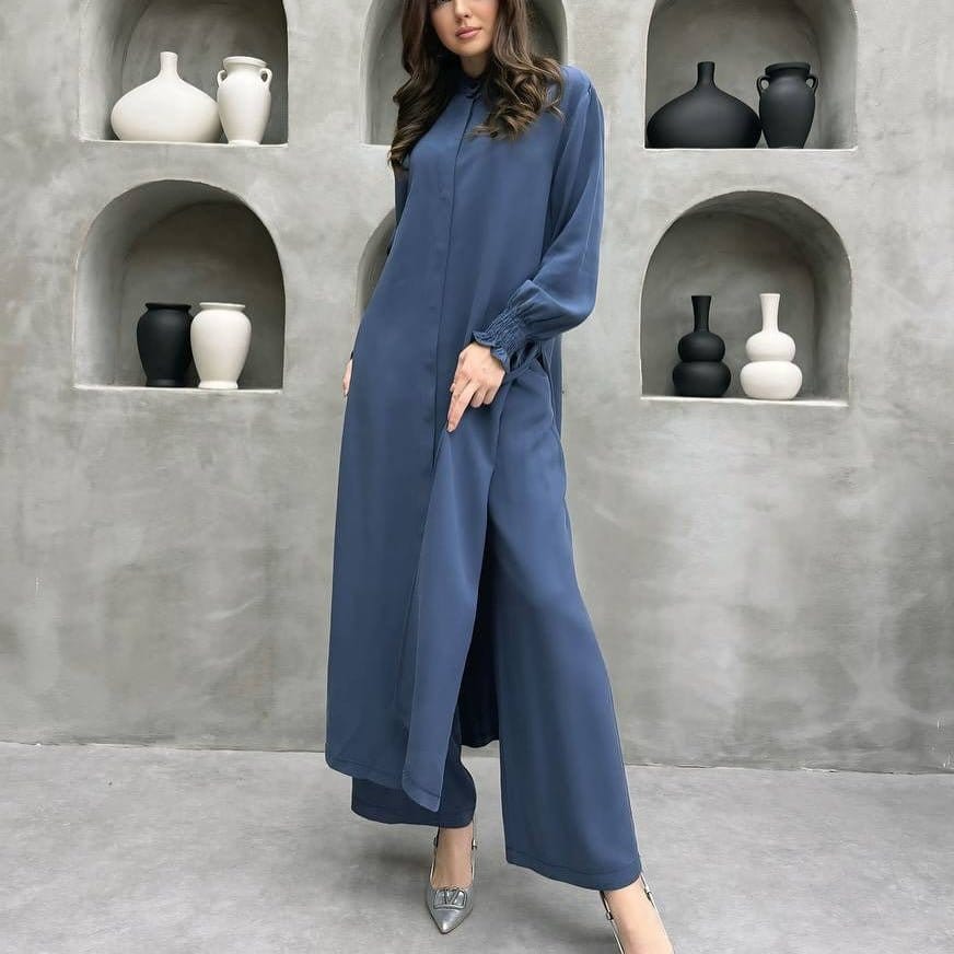2-Piece Mandarin Collar Longline Shirt & Wide Leg Pants Set(MS418) - A-1 Thread Vault
