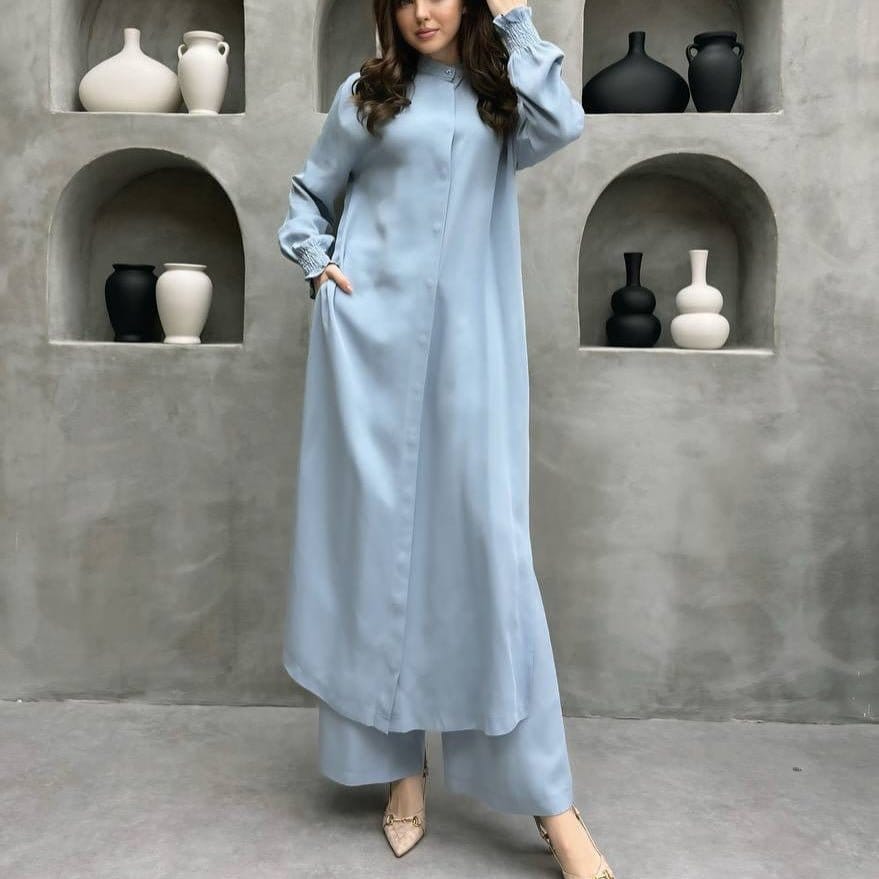 2-Piece Mandarin Collar Longline Shirt & Wide Leg Pants Set(MS418) - A-1 Thread Vault