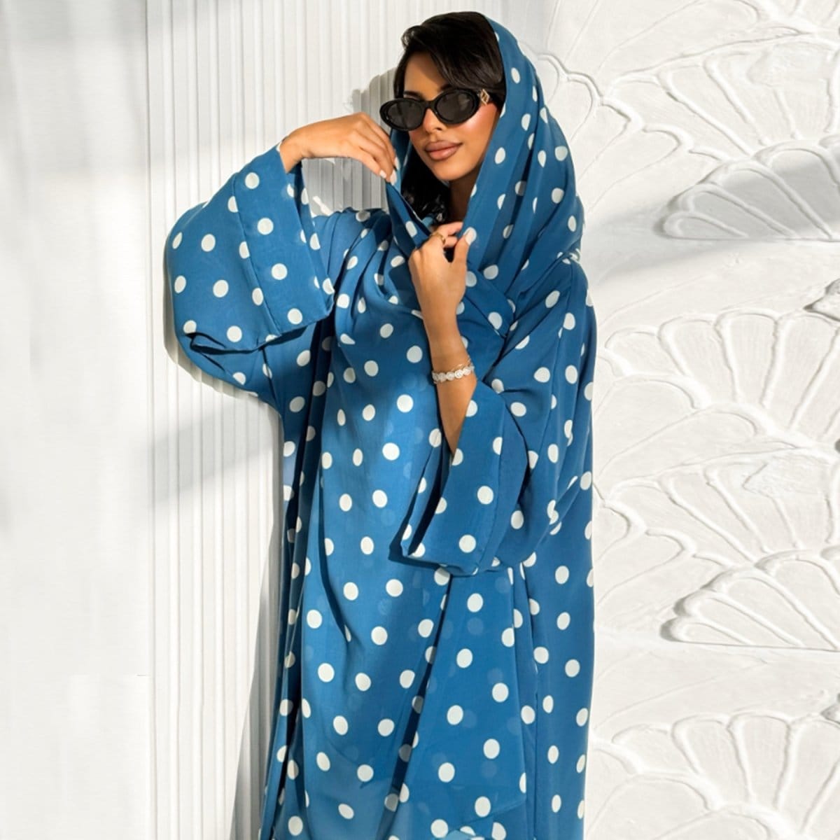 2-Piece Polka Dot Print Open Abaya Set(MOA316) - A-1 Thread Vault