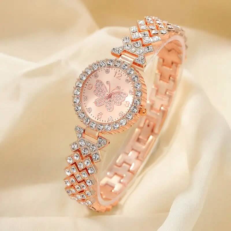 2-Piece Set: Butterfly Quartz Stainless Steel Band Wrist Watch and Bracelet - A-1 Thread Vault